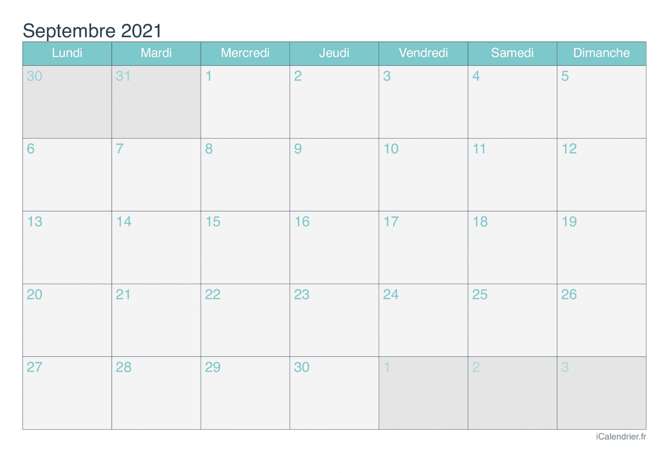 Calendrier de septembre 2021 - Turquoise