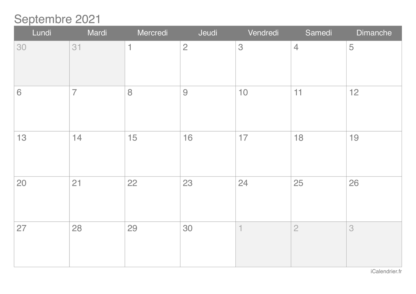 Calendrier de septembre 2021