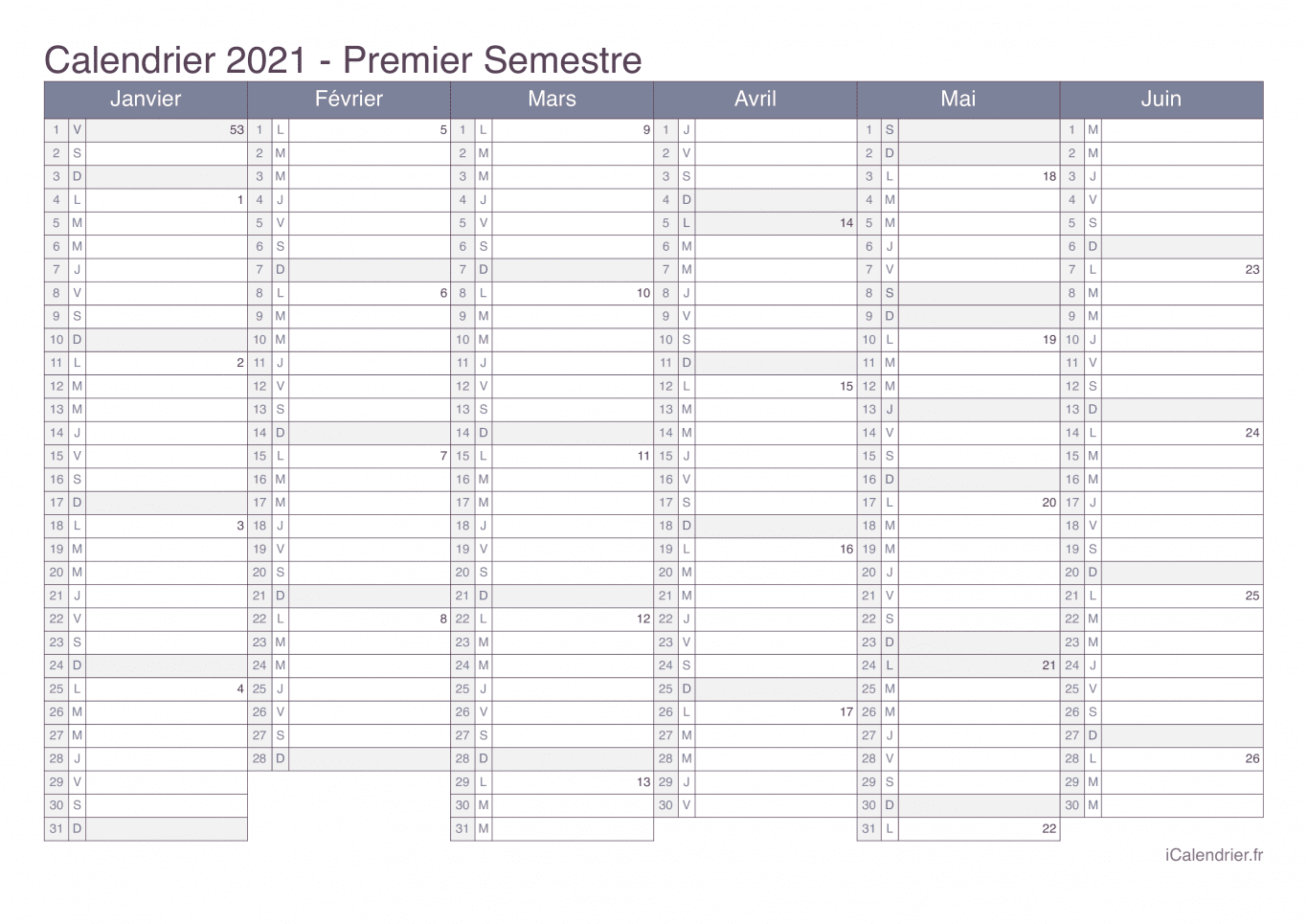 Calendrier par semestre avec numéros des semaines 2021 - Office
