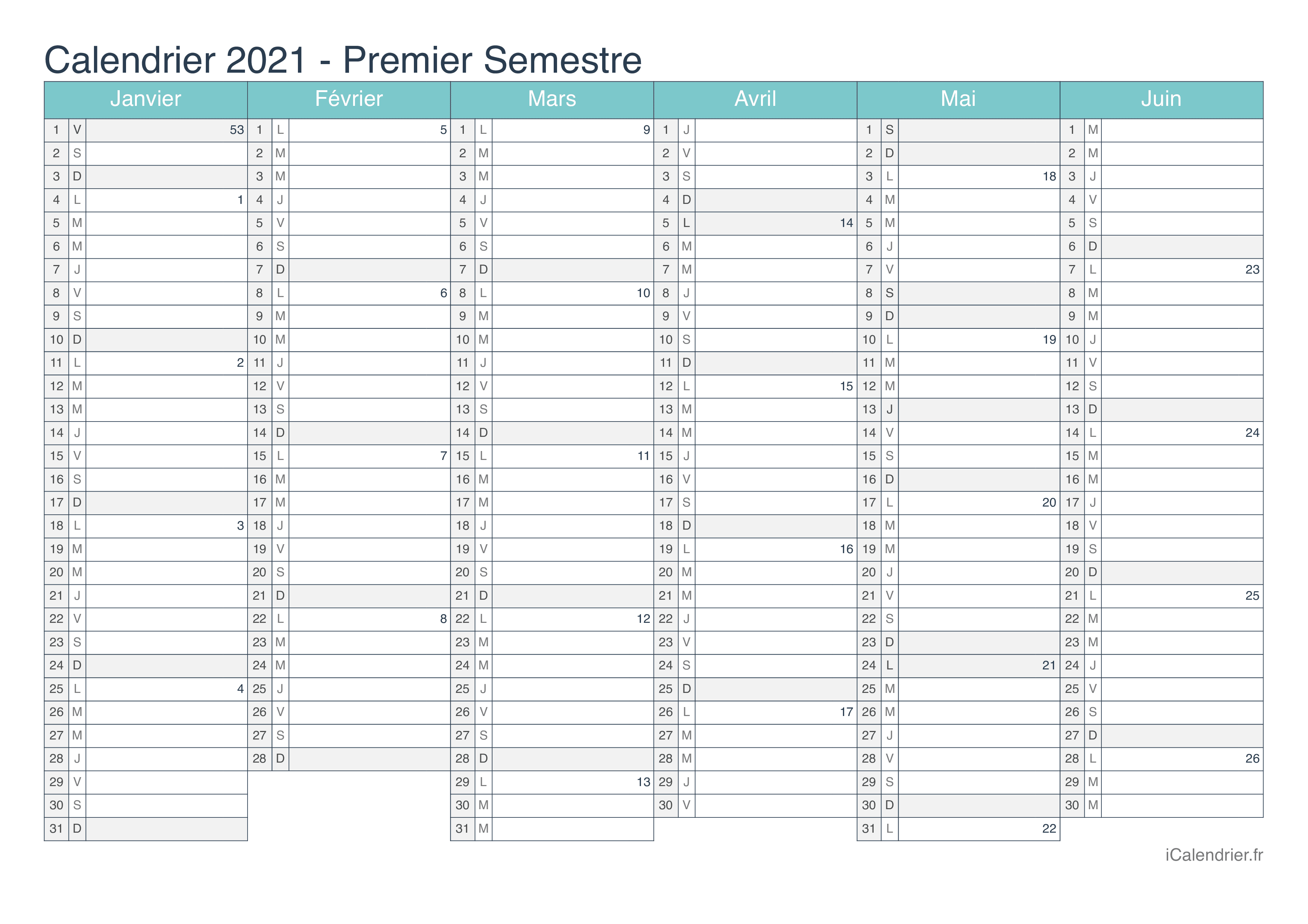 Calendrier par semestre avec numéros des semaines 2021 - Turquoise