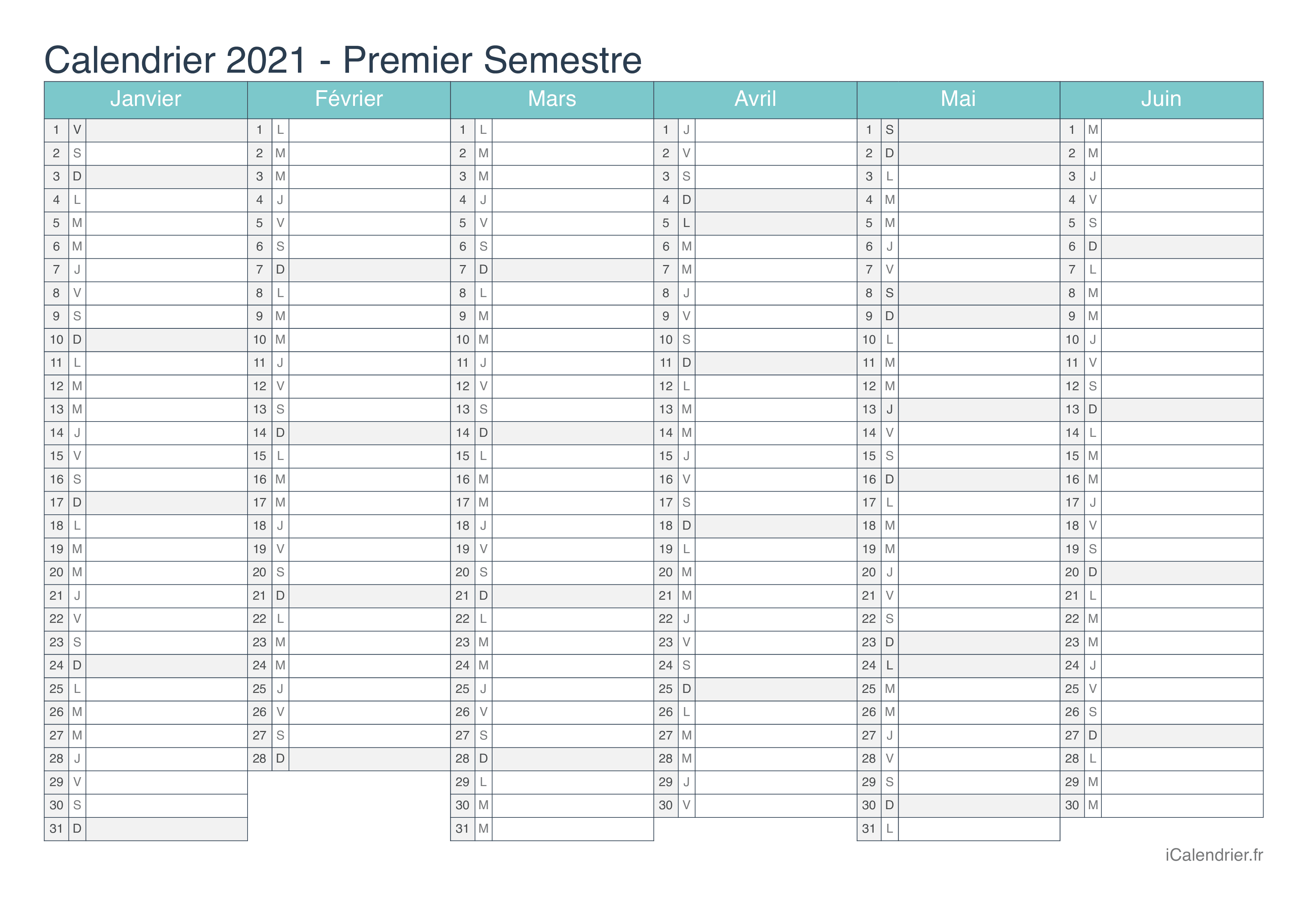 Calendrier par semestre 2021 - Turquoise