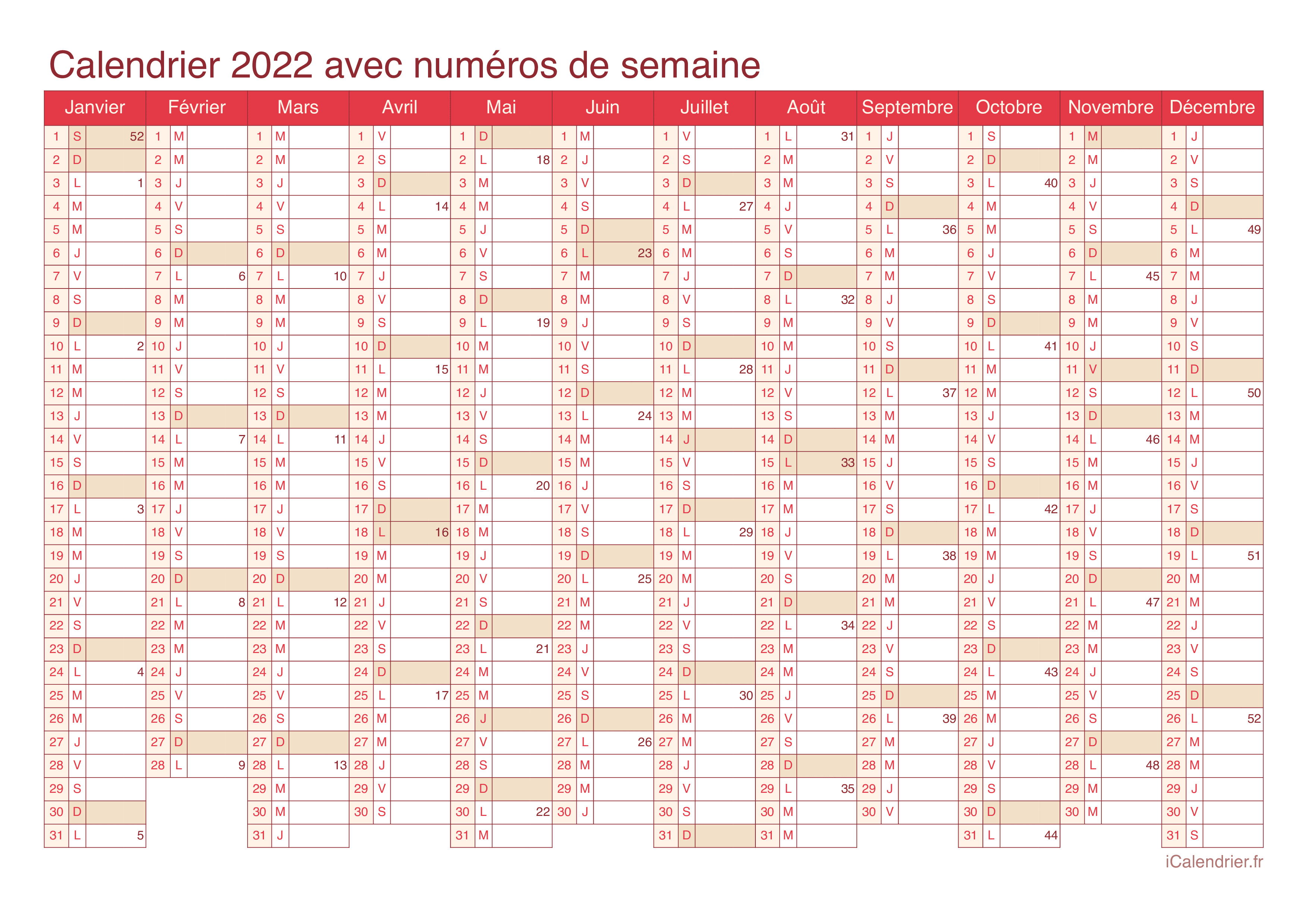 Calendrier 2022 avec numéros de semaine - Cherry