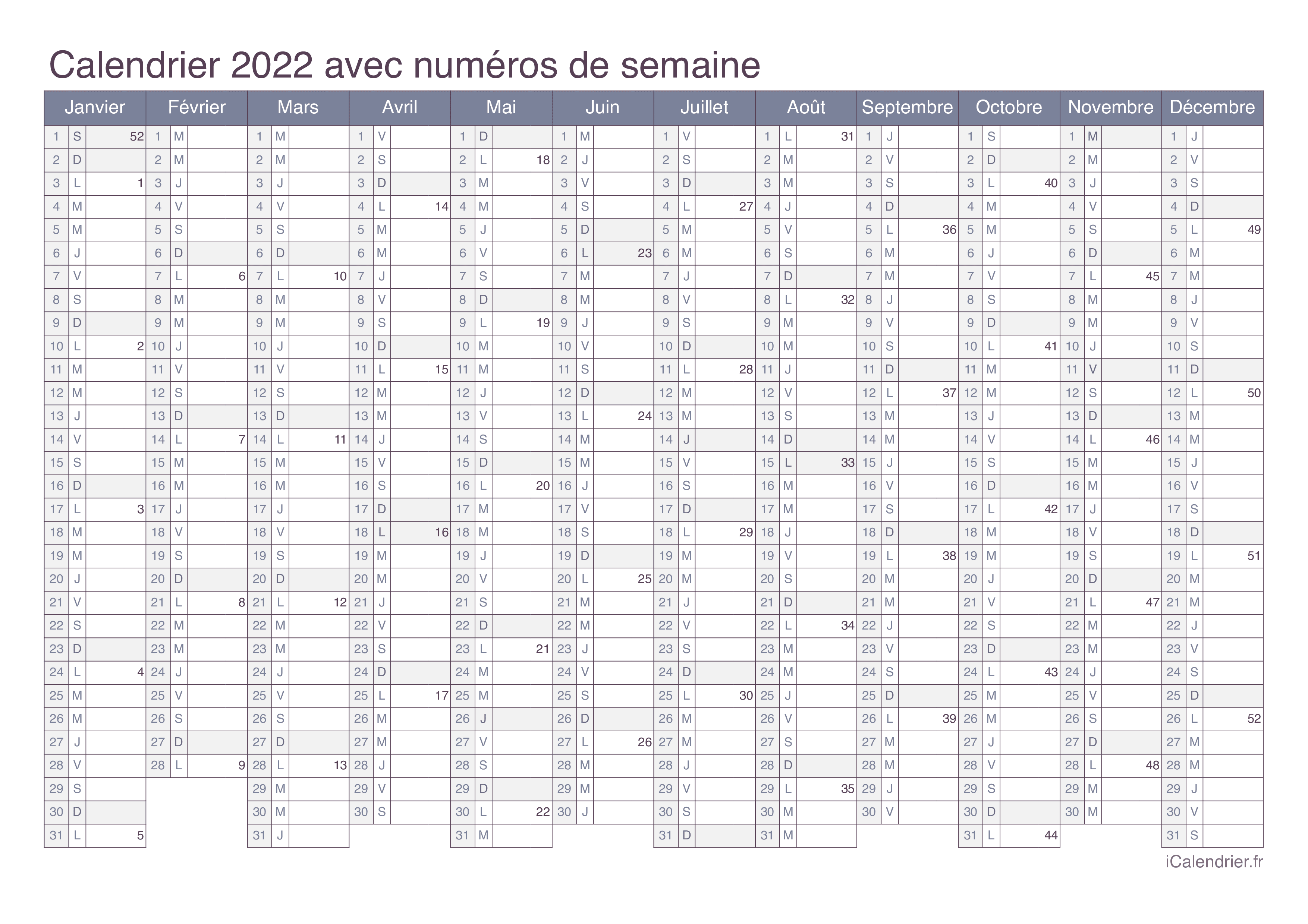 Calendrier 2022 avec numéros de semaine - Office