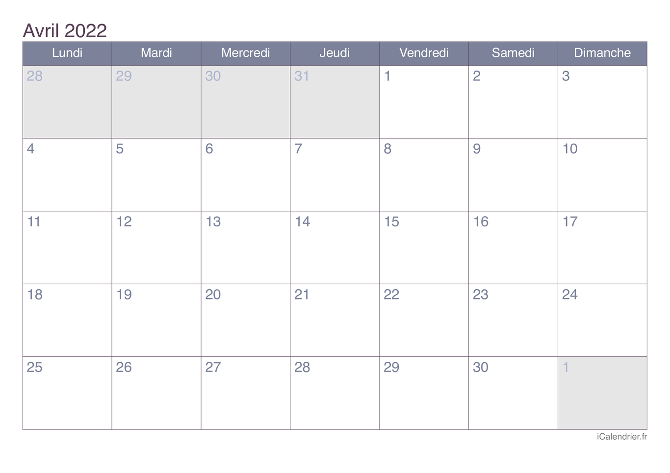 Calendrier d'avril 2022 - Office