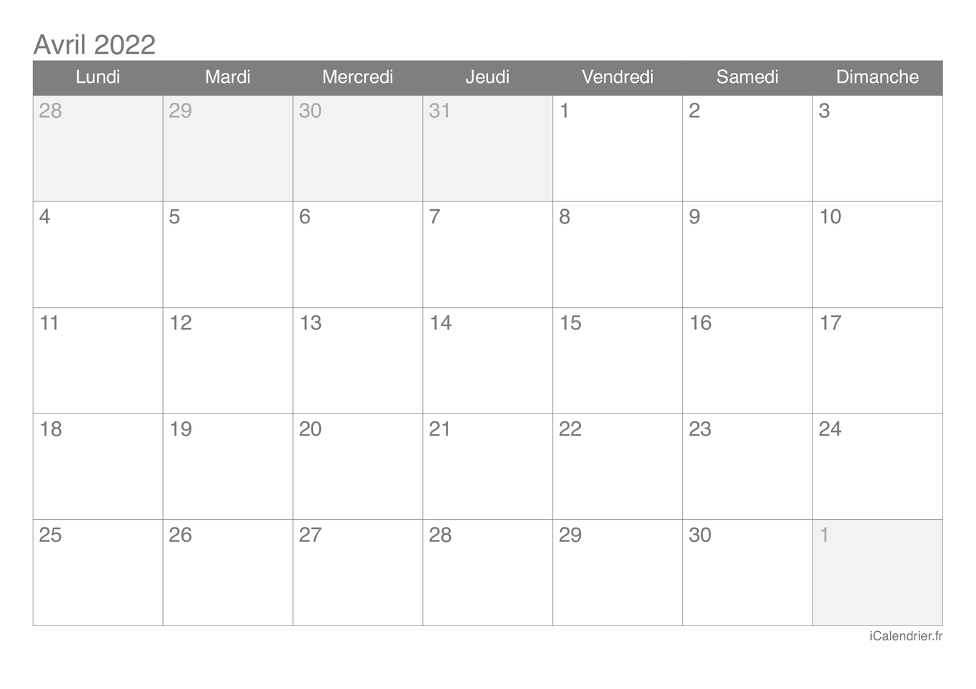 Calendrier d'avril 2022