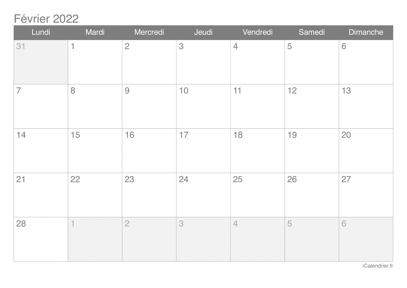 Calendrier de février 2022