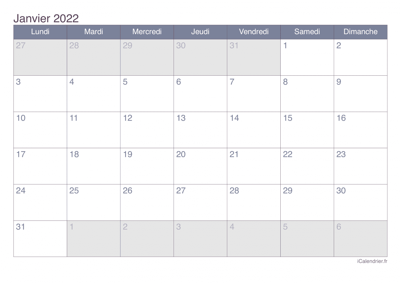 Calendrier de janvier 2022 - Office