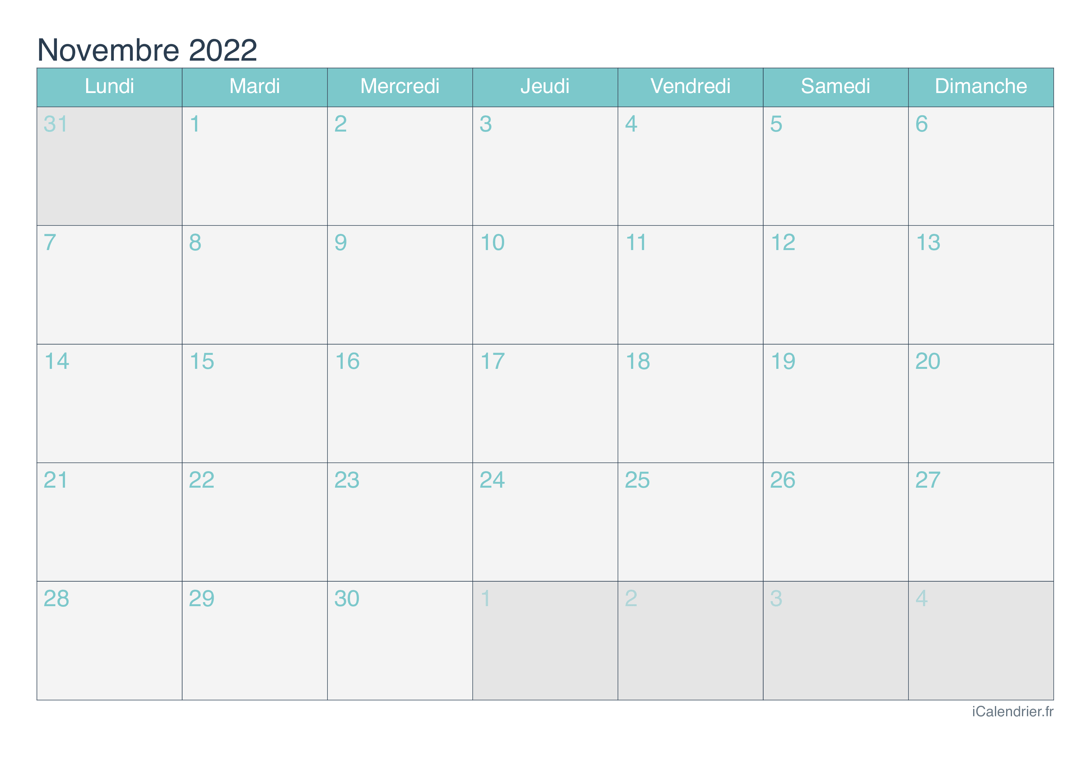 Calendrier de novembre 2022 - Turquoise