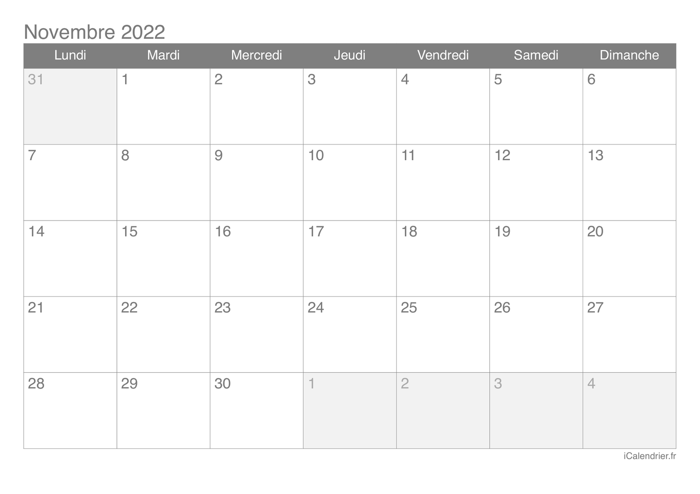 Calendrier de novembre 2022