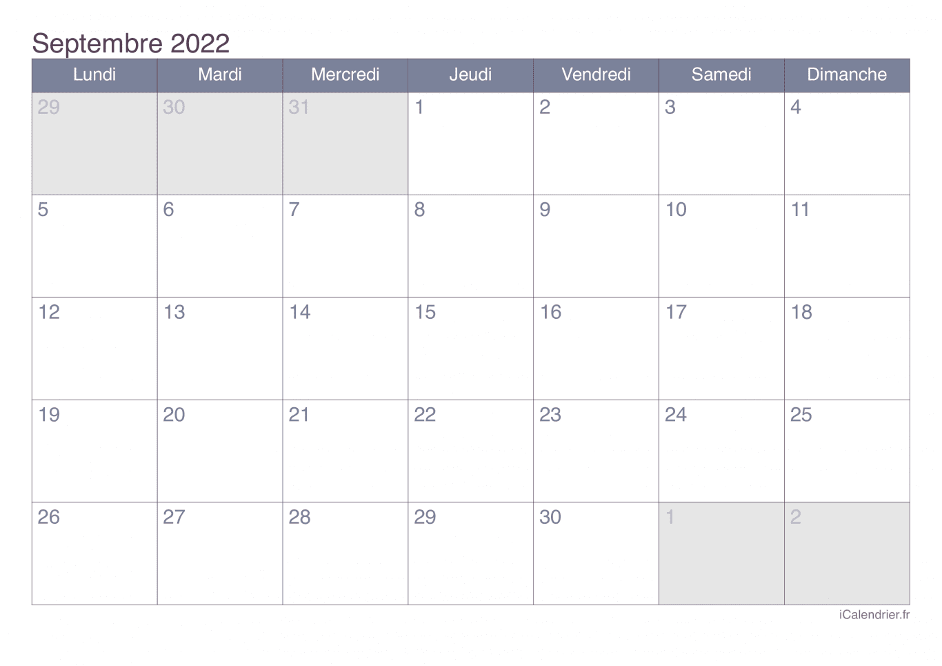 Calendrier de septembre 2022 - Office