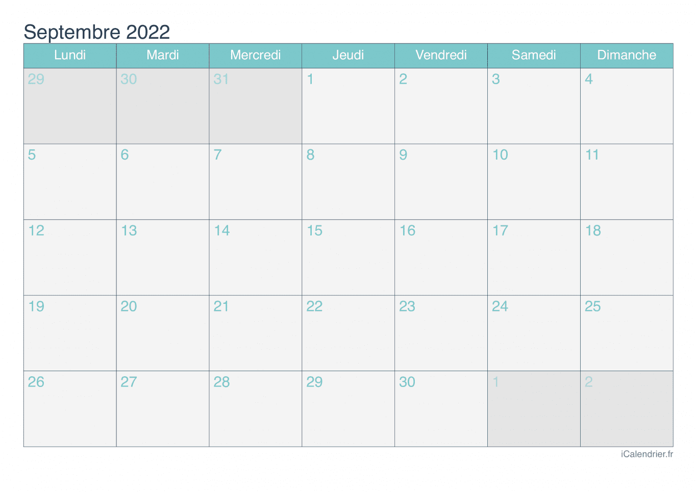 Calendrier de septembre 2022 - Turquoise
