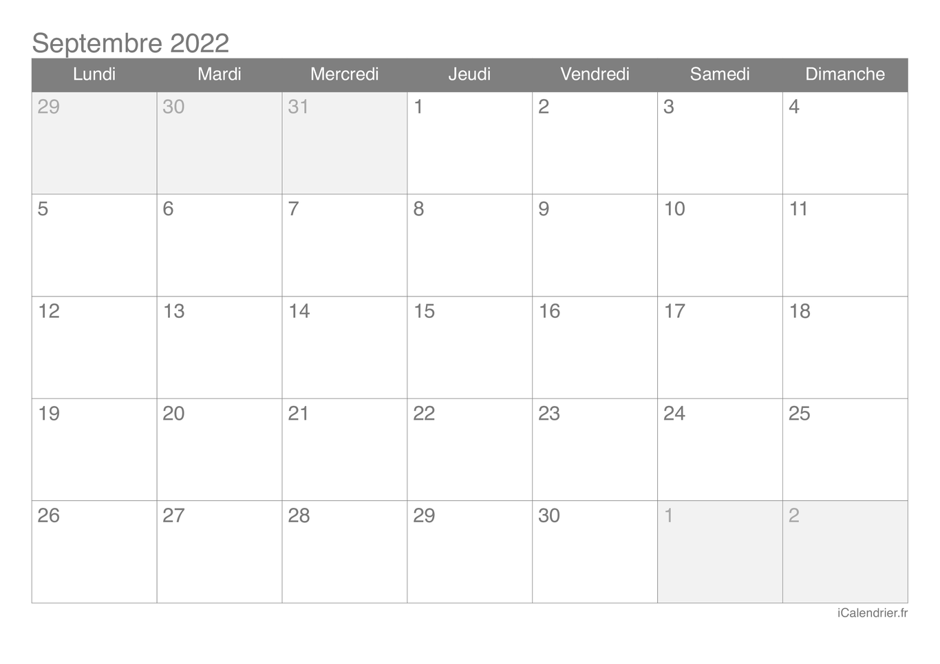 Calendrier de septembre 2022