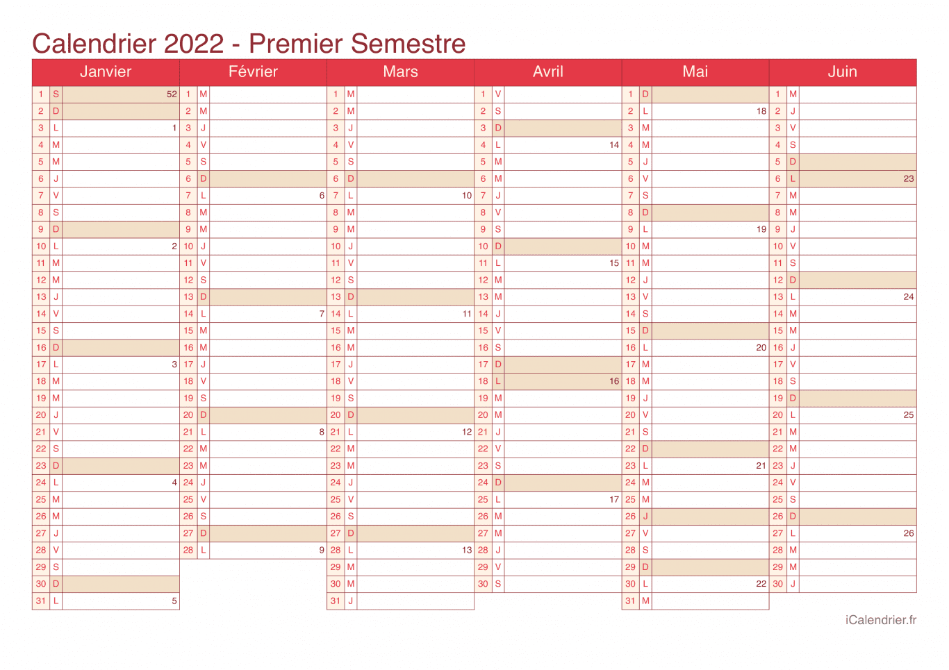 Calendrier par semestre avec numéros des semaines 2022 - Cherry