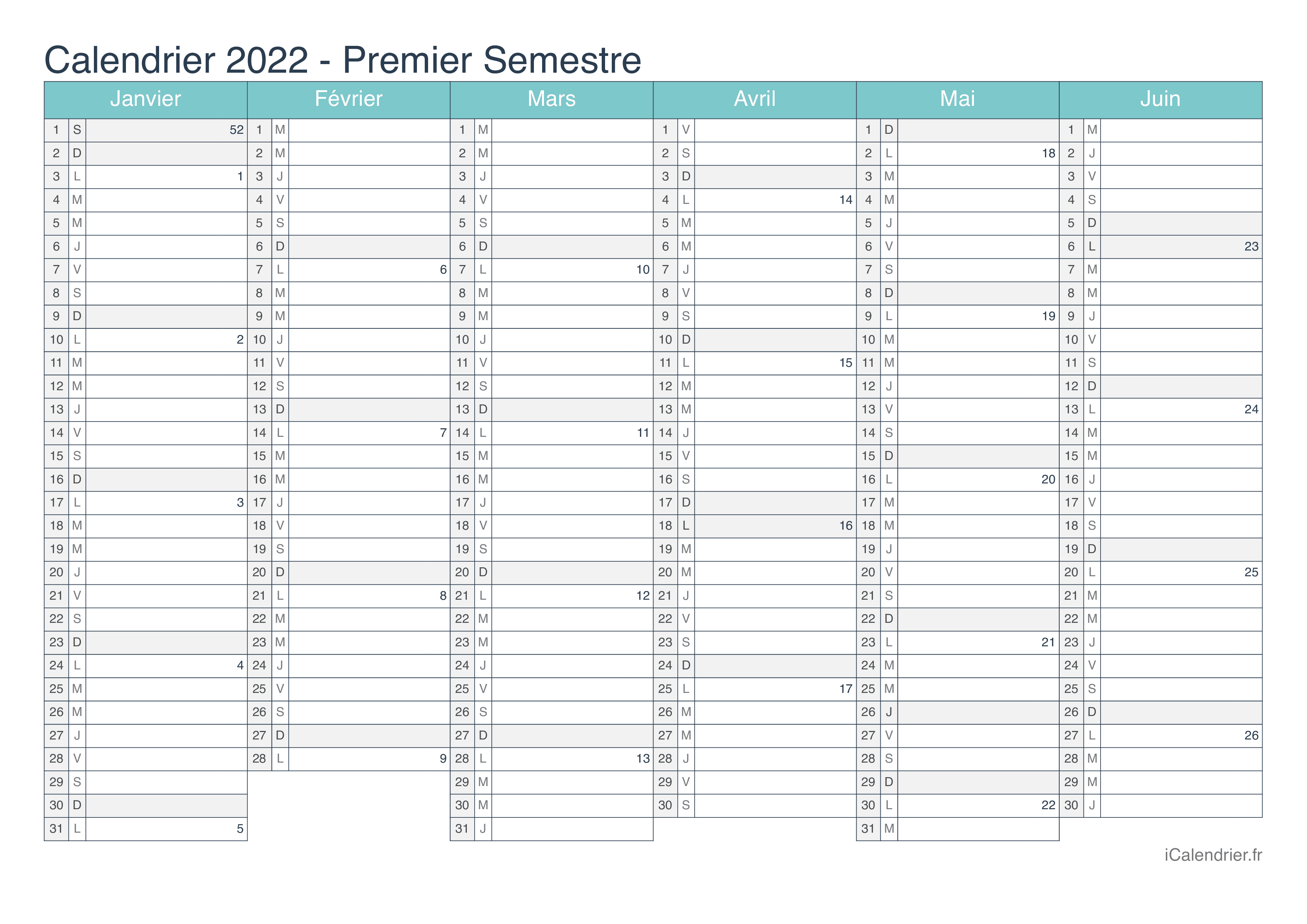 Calendrier par semestre avec numéros des semaines 2022 - Turquoise