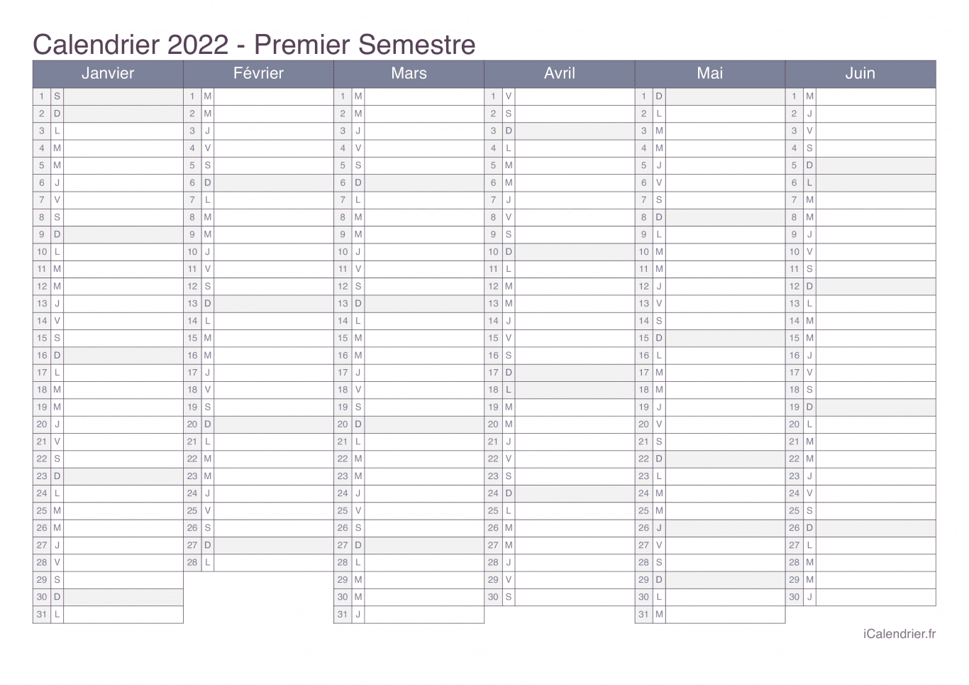 Calendrier par semestre 2022 - Office