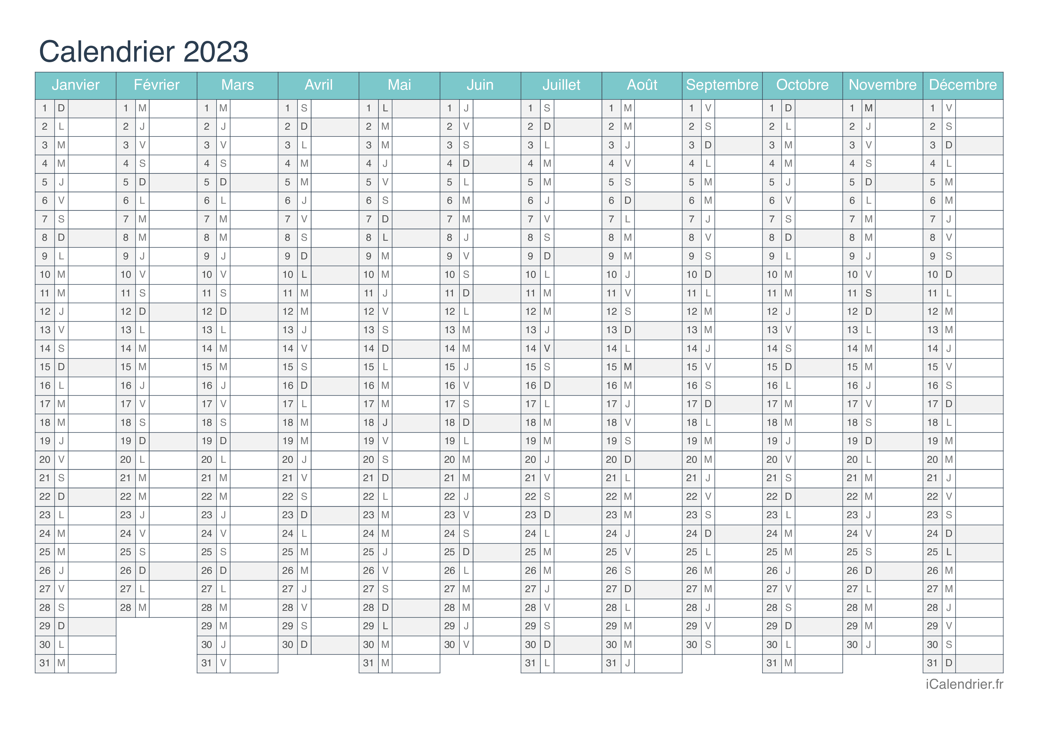 Calendrier 2023 - Turquoise