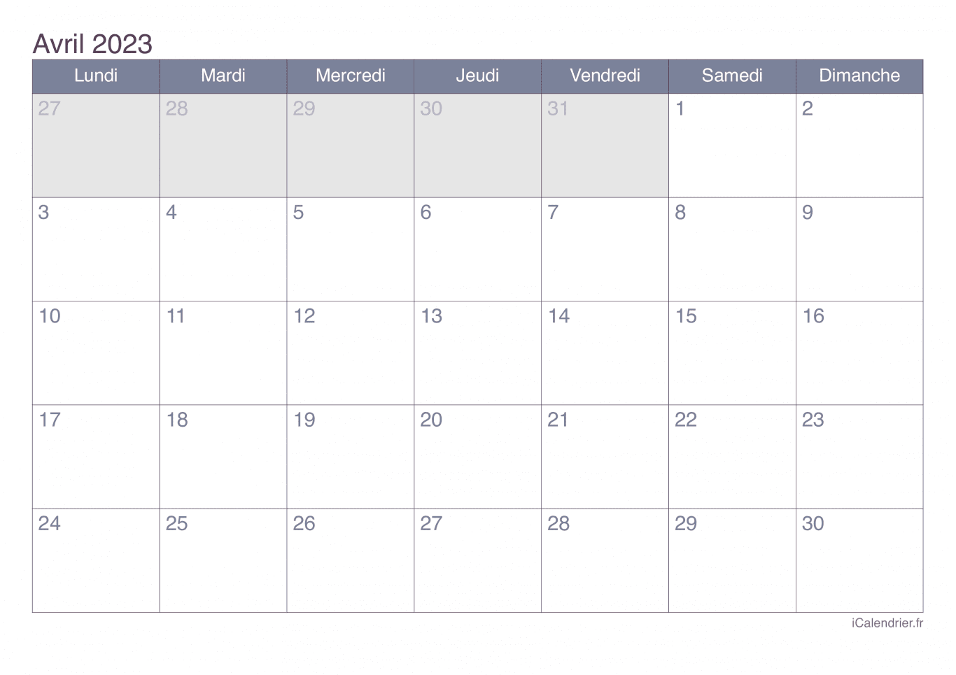 Calendrier d'avril 2023 - Office