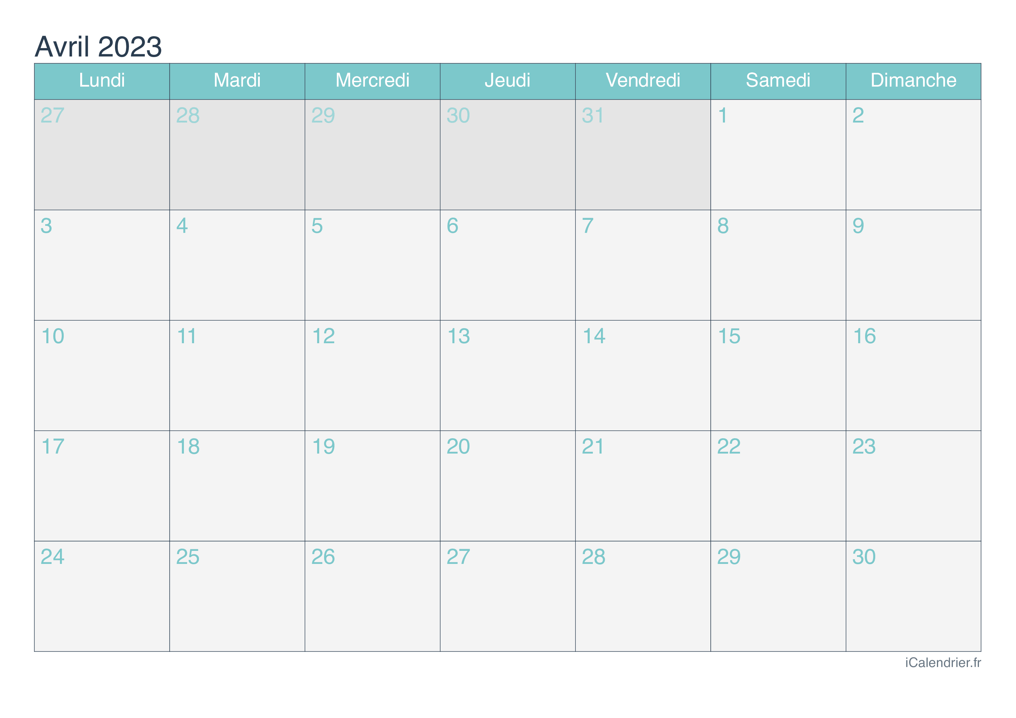 Calendrier d'avril 2023 - Turquoise
