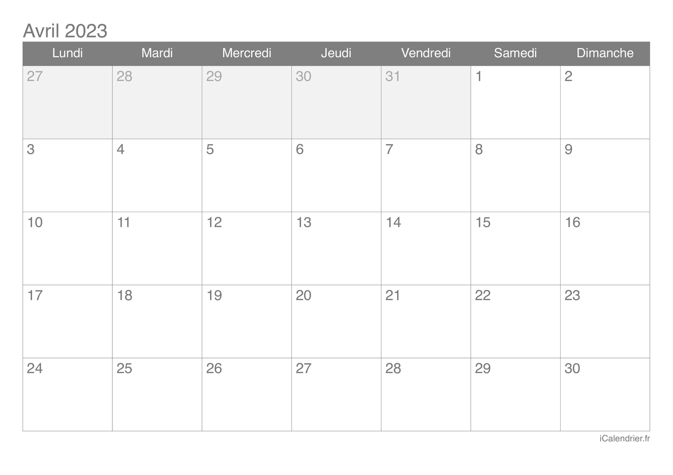 Calendrier d'avril 2023