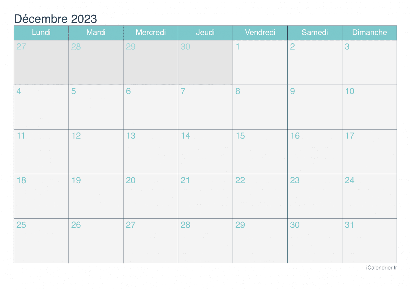 Calendrier de décembre 2023 - Turquoise