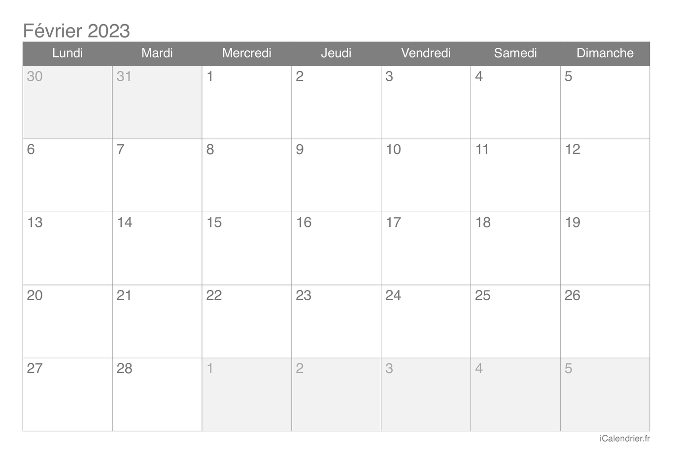 Calendrier de février 2023