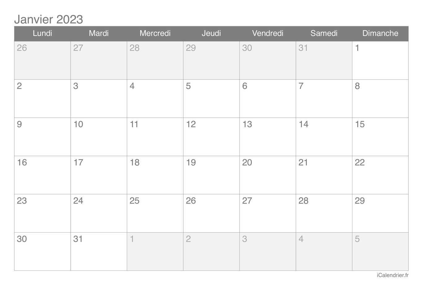 Calendrier de janvier 2023