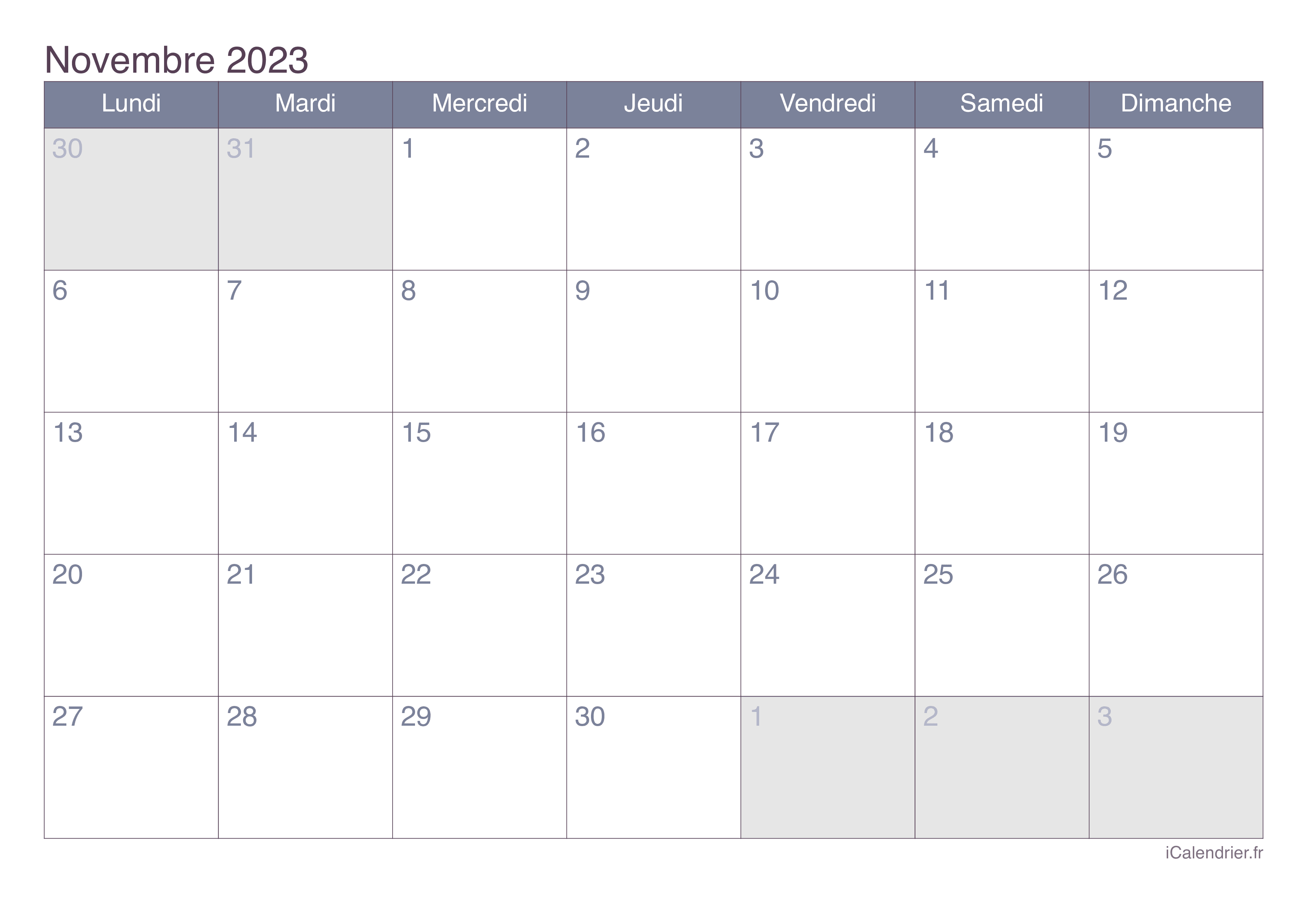 Calendrier de novembre 2023 - Office
