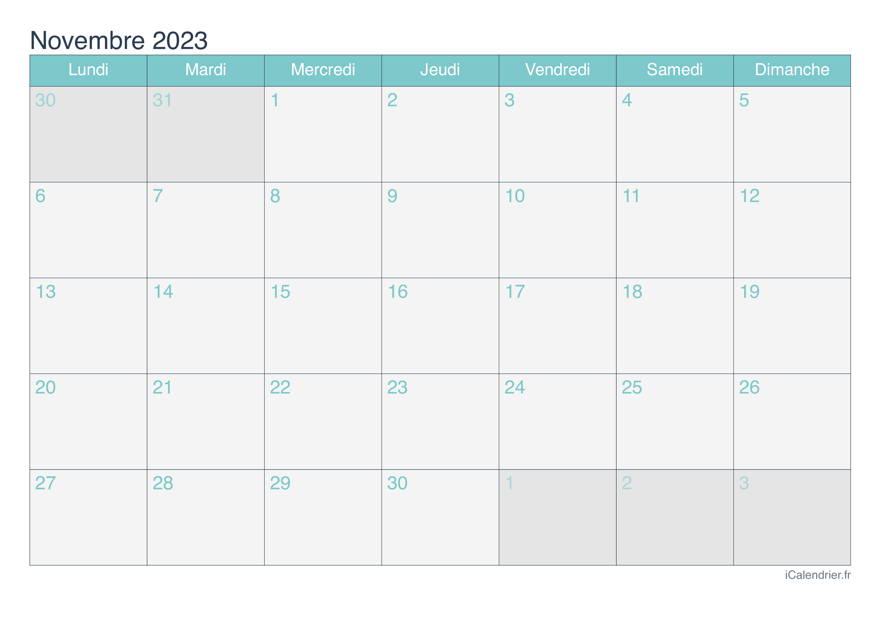Calendrier de novembre 2023 - Turquoise