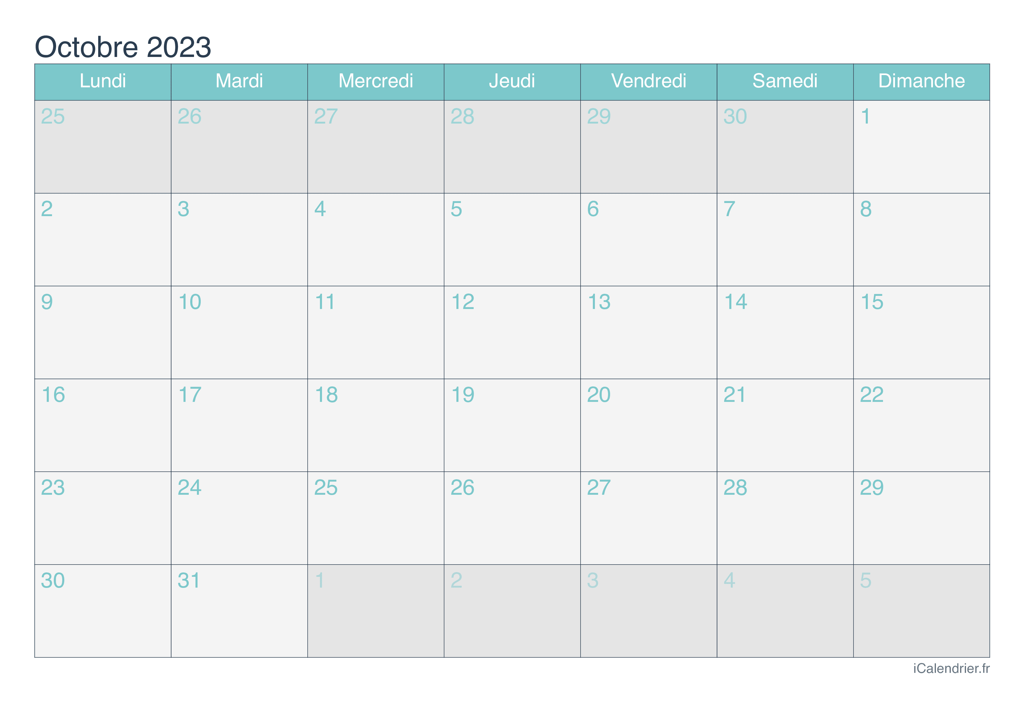 Calendrier d'octobre 2023 - Turquoise