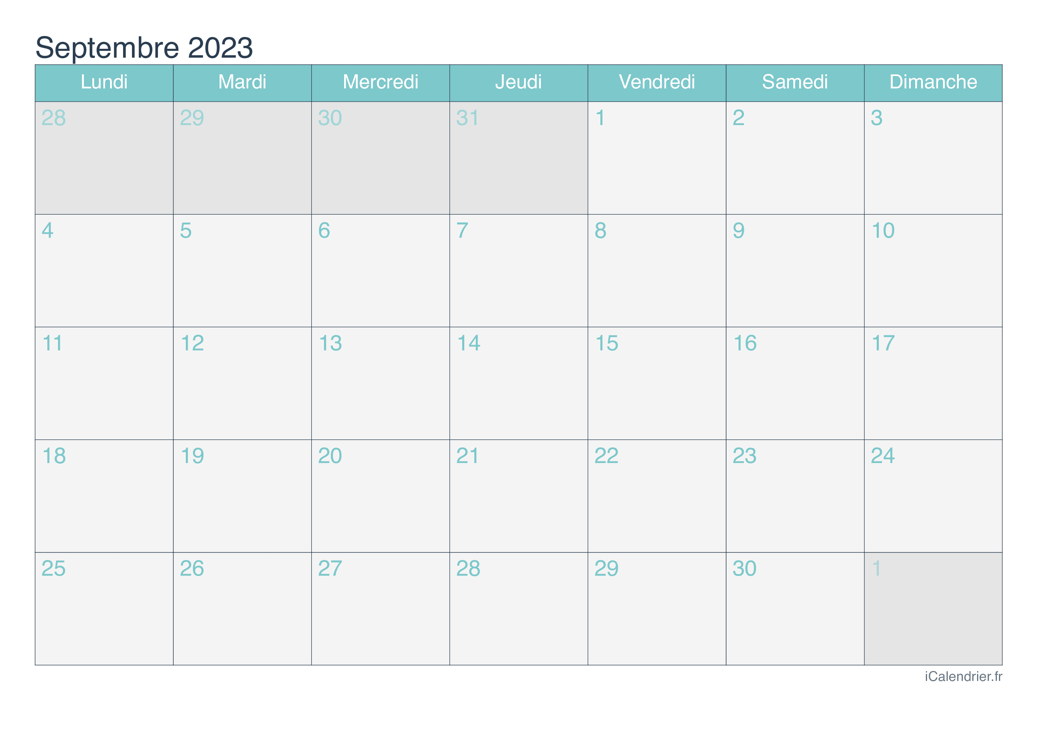 Calendrier de septembre 2023 - Turquoise