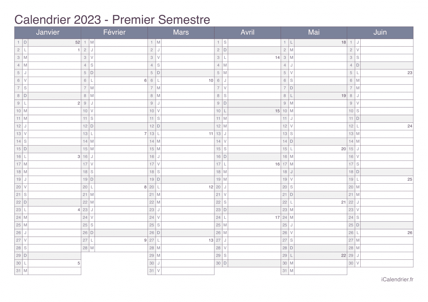 Calendrier par semestre avec numéros des semaines 2023 - Office