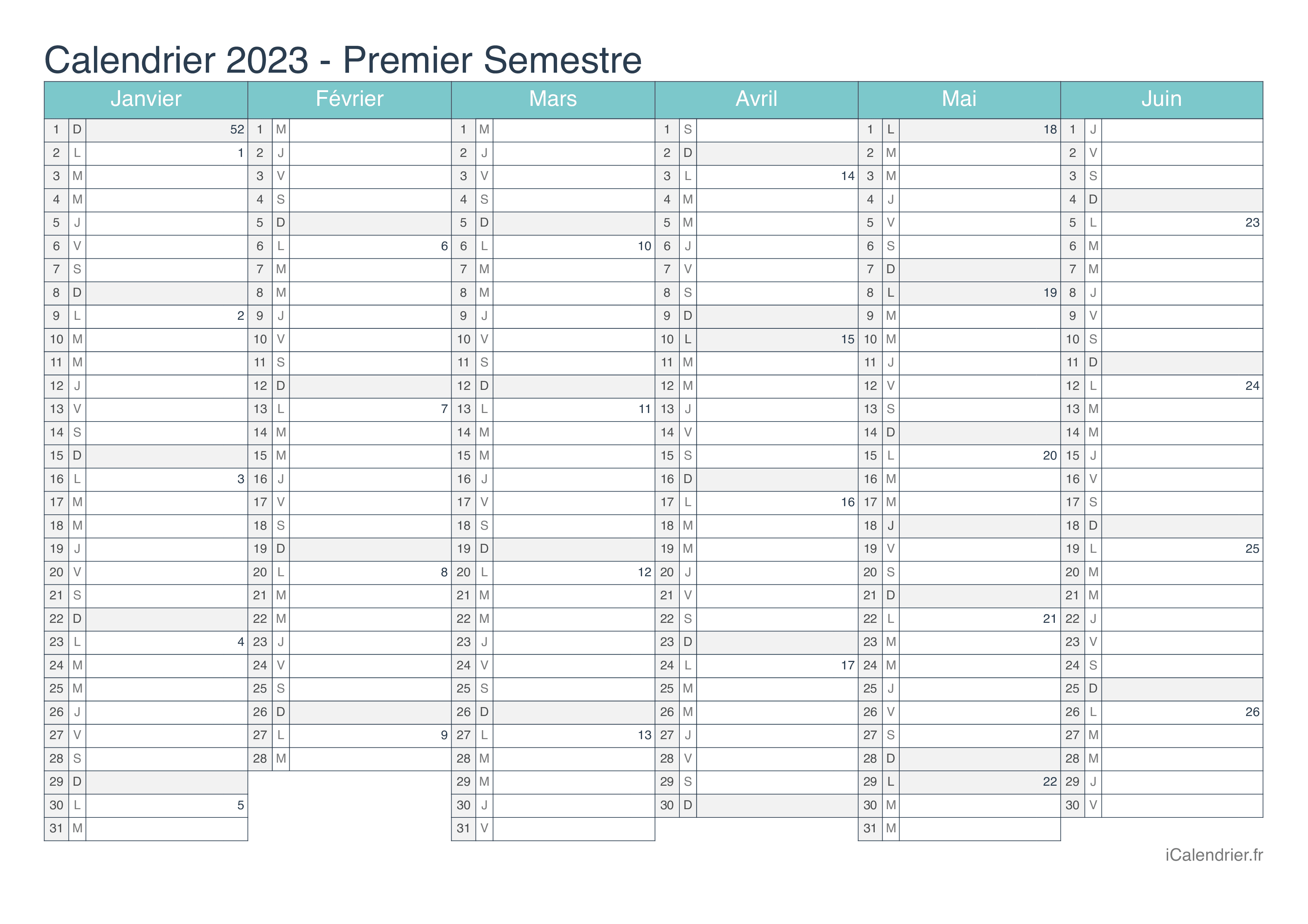 Calendrier par semestre avec numéros des semaines 2023 - Turquoise