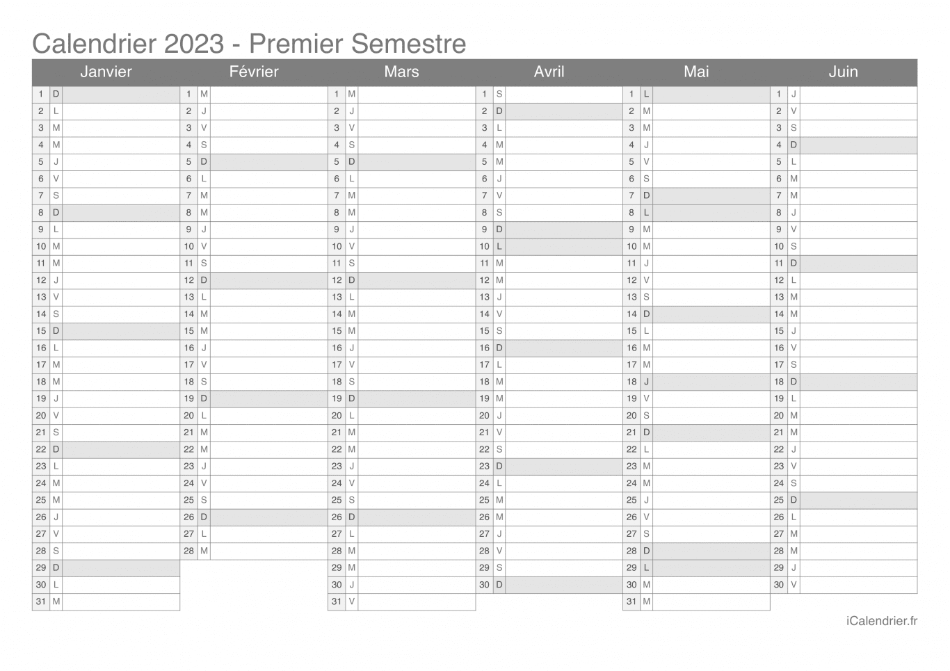 Calendrier par semestre 2023