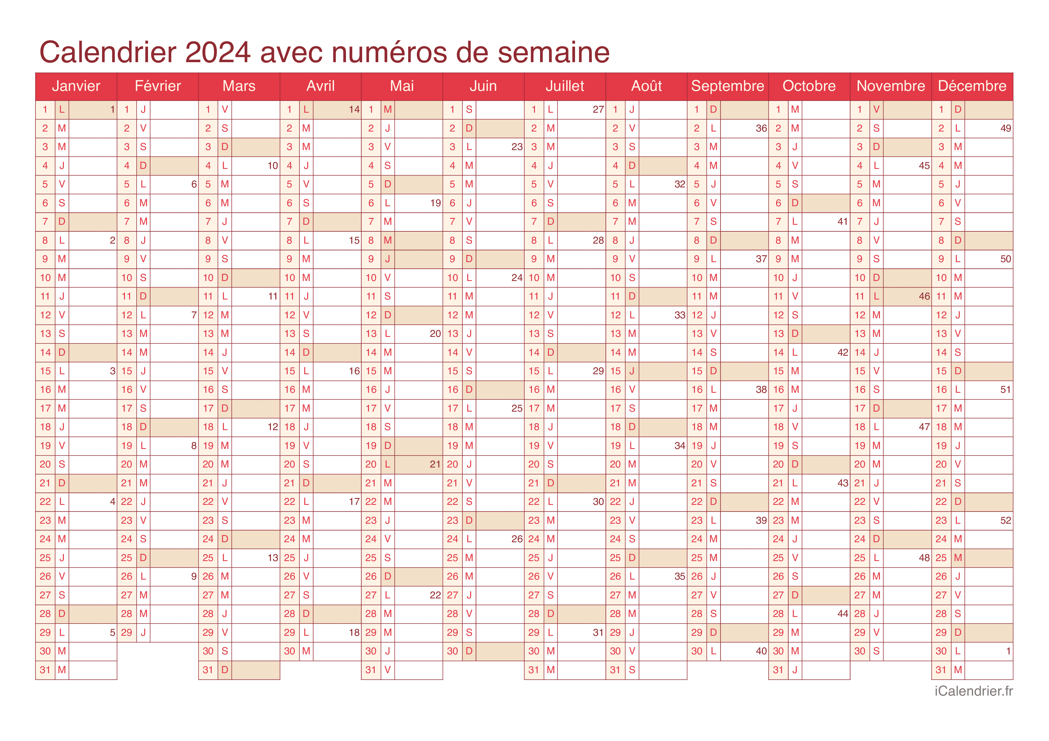 Calendrier 2024 avec numéros de semaine - Cherry