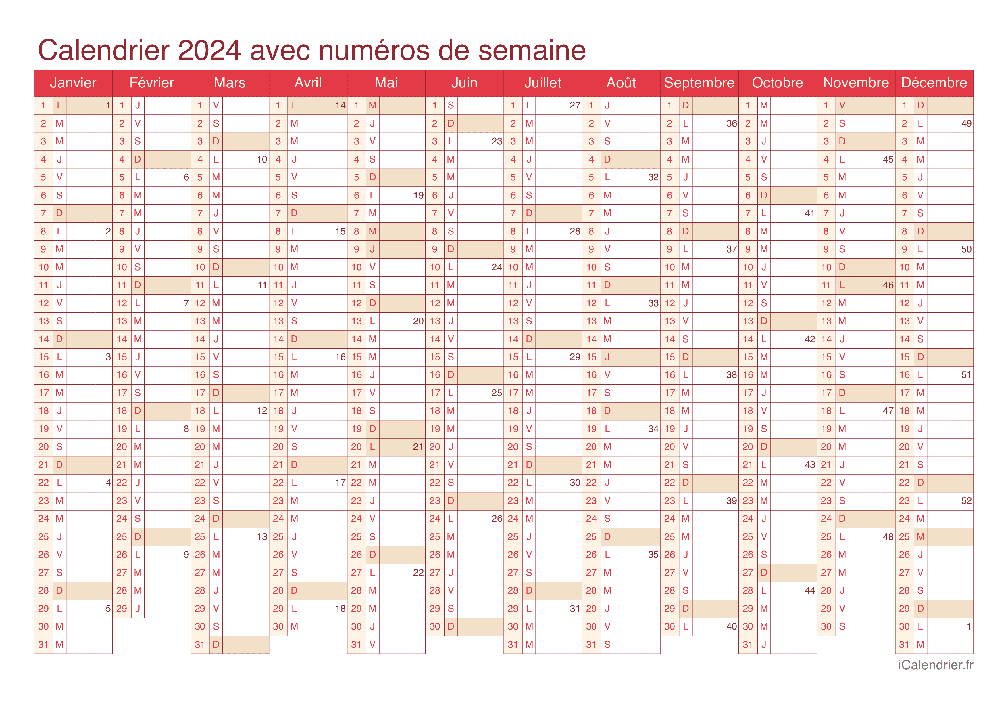 Calendrier 2024 pdf gratuit