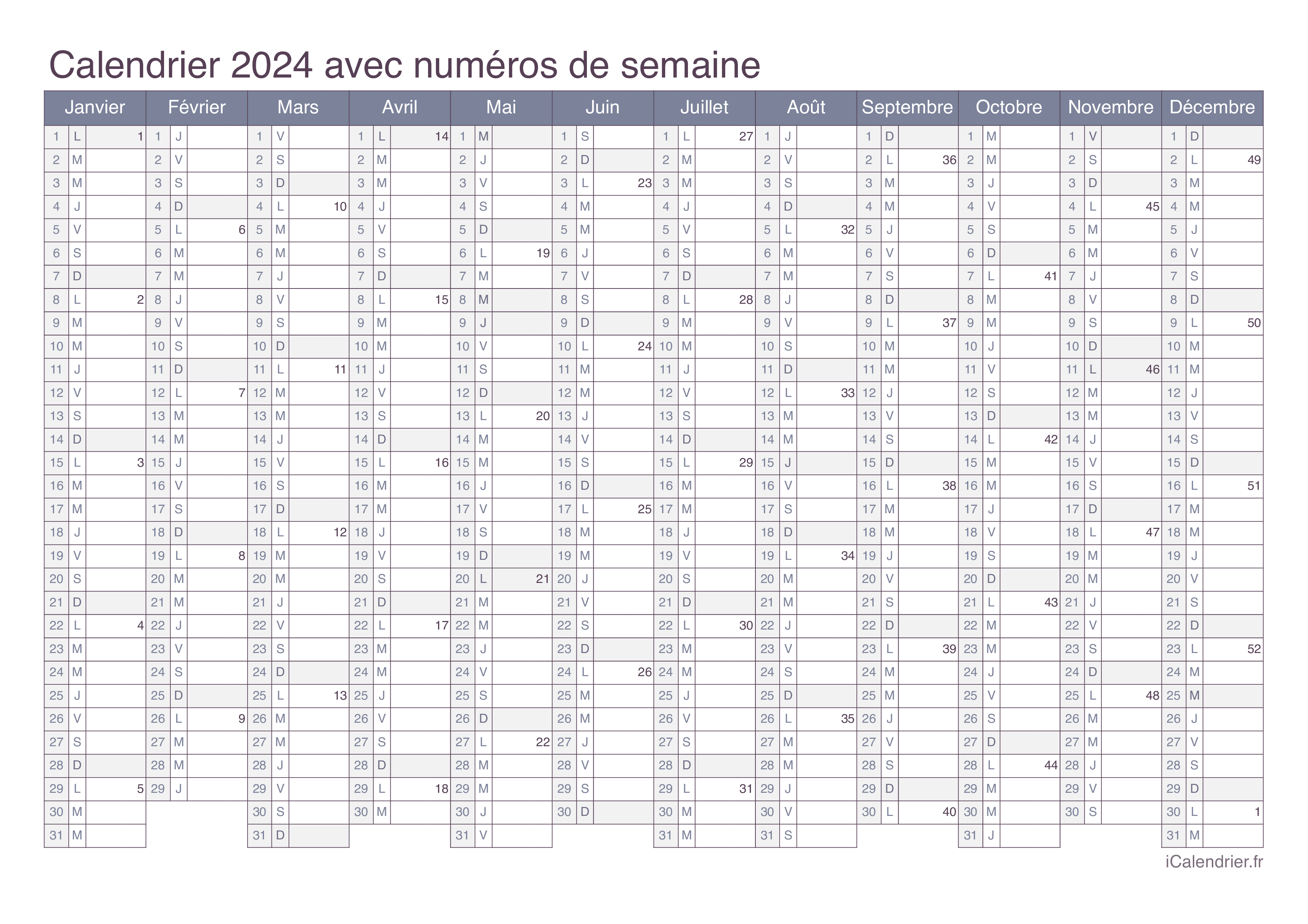 Calendrier 2024 avec numéros de semaine - Office