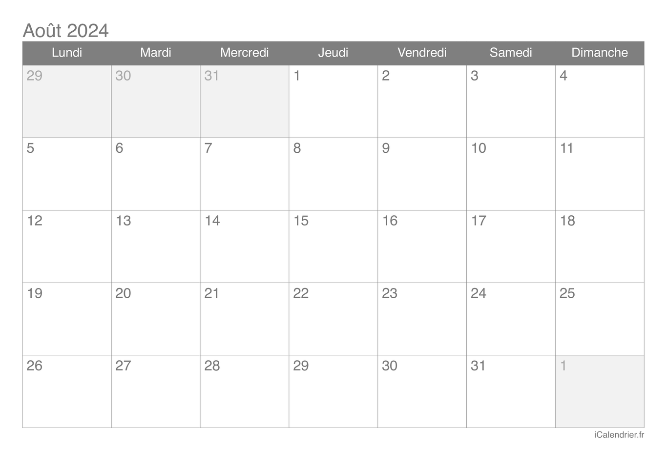 Calendrier d'août 2024