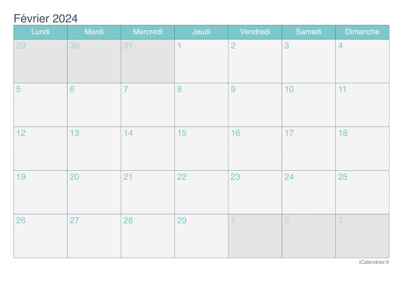 Calendrier de février 2024 - Turquoise