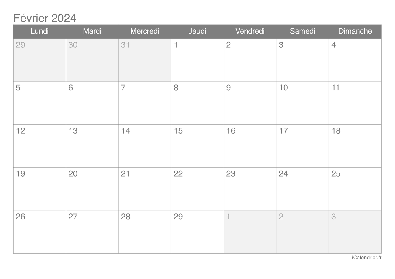 Calendrier de février 2024