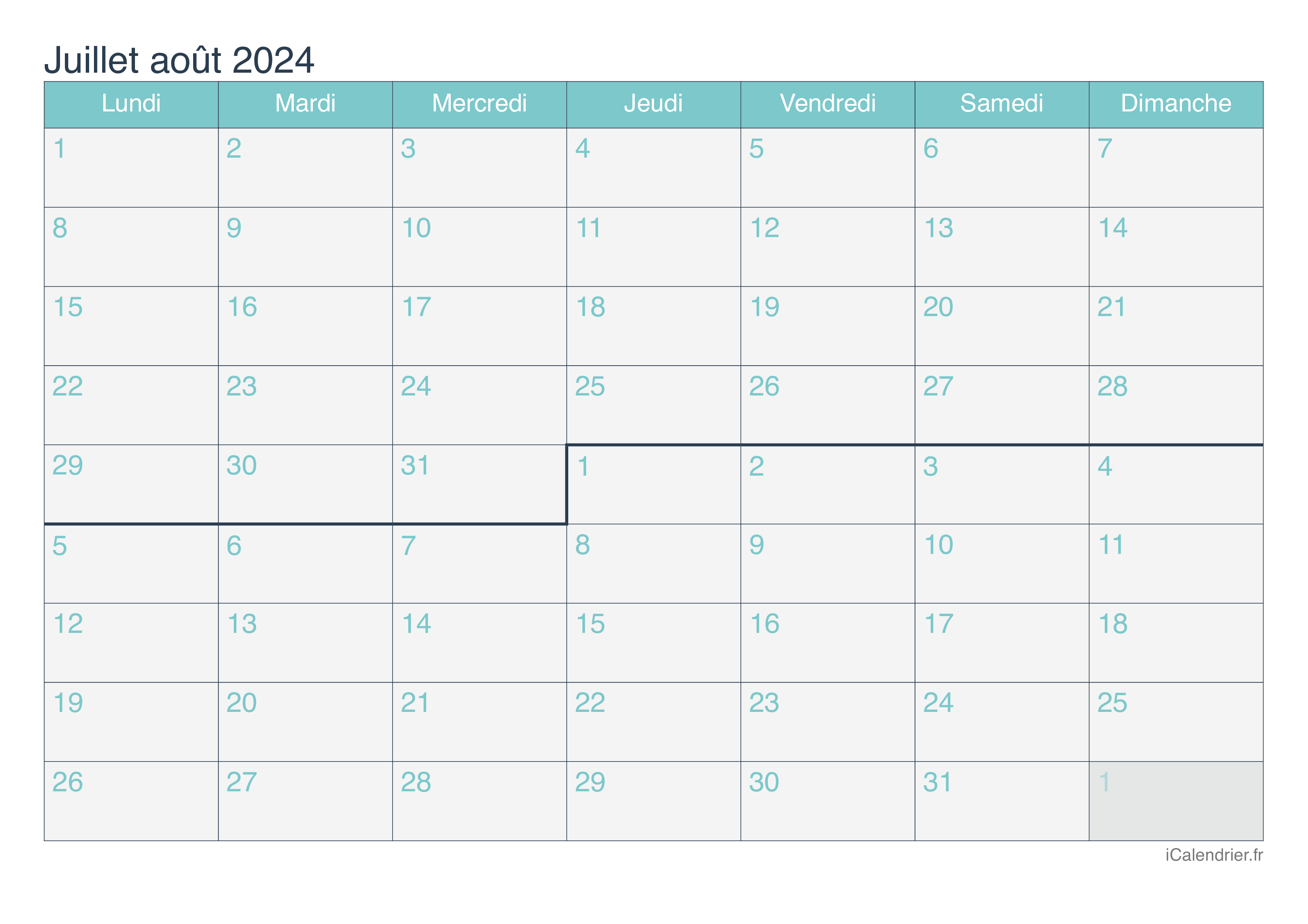 Calendrier juillet et août 2025 à imprimer