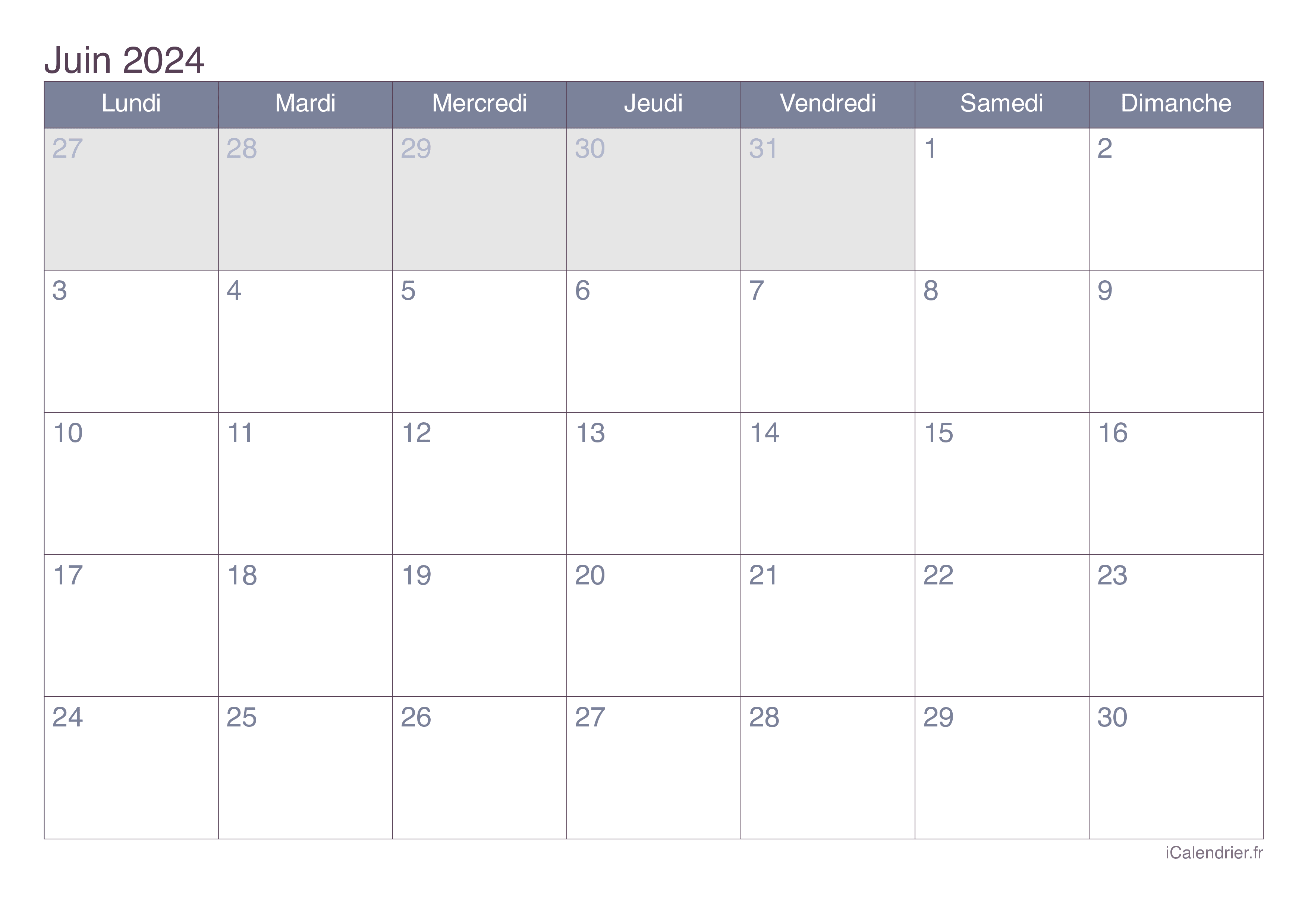 Calendrier juin 2025 à imprimer