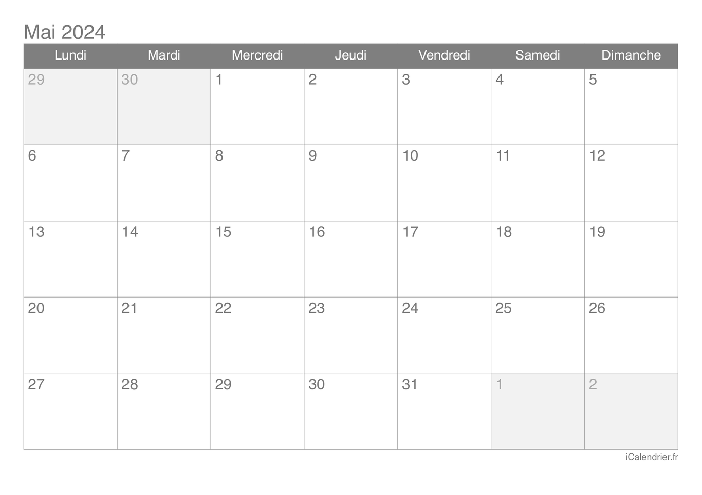 Calendrier de mai 2024