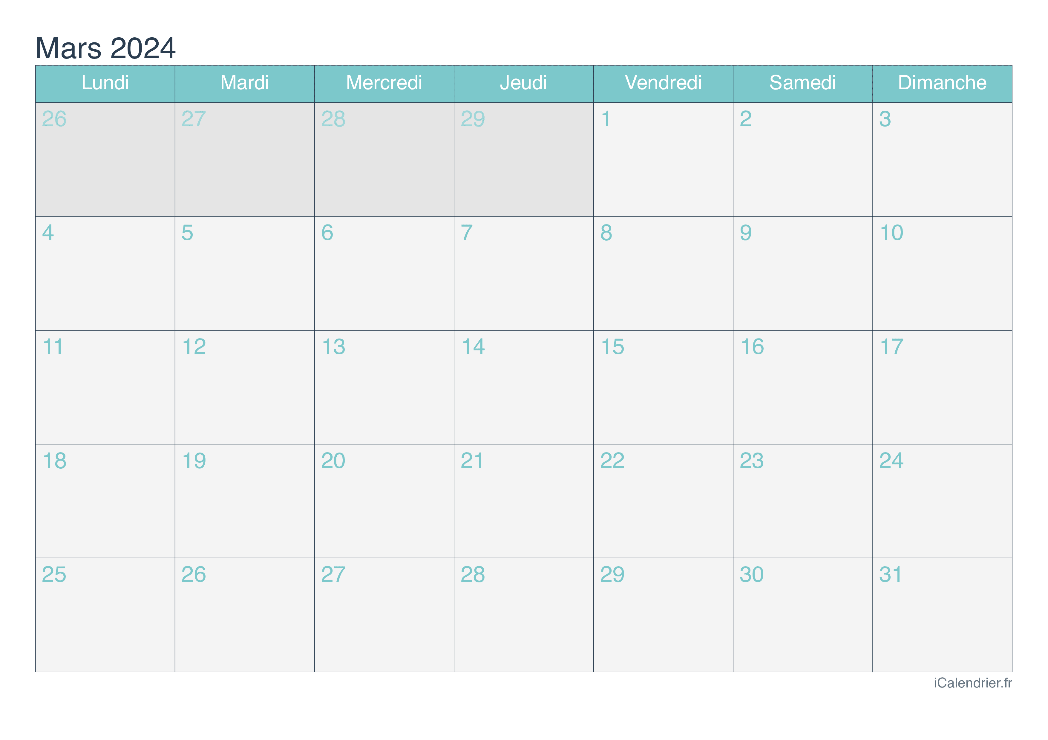 Calendrier mars 2025 à imprimer