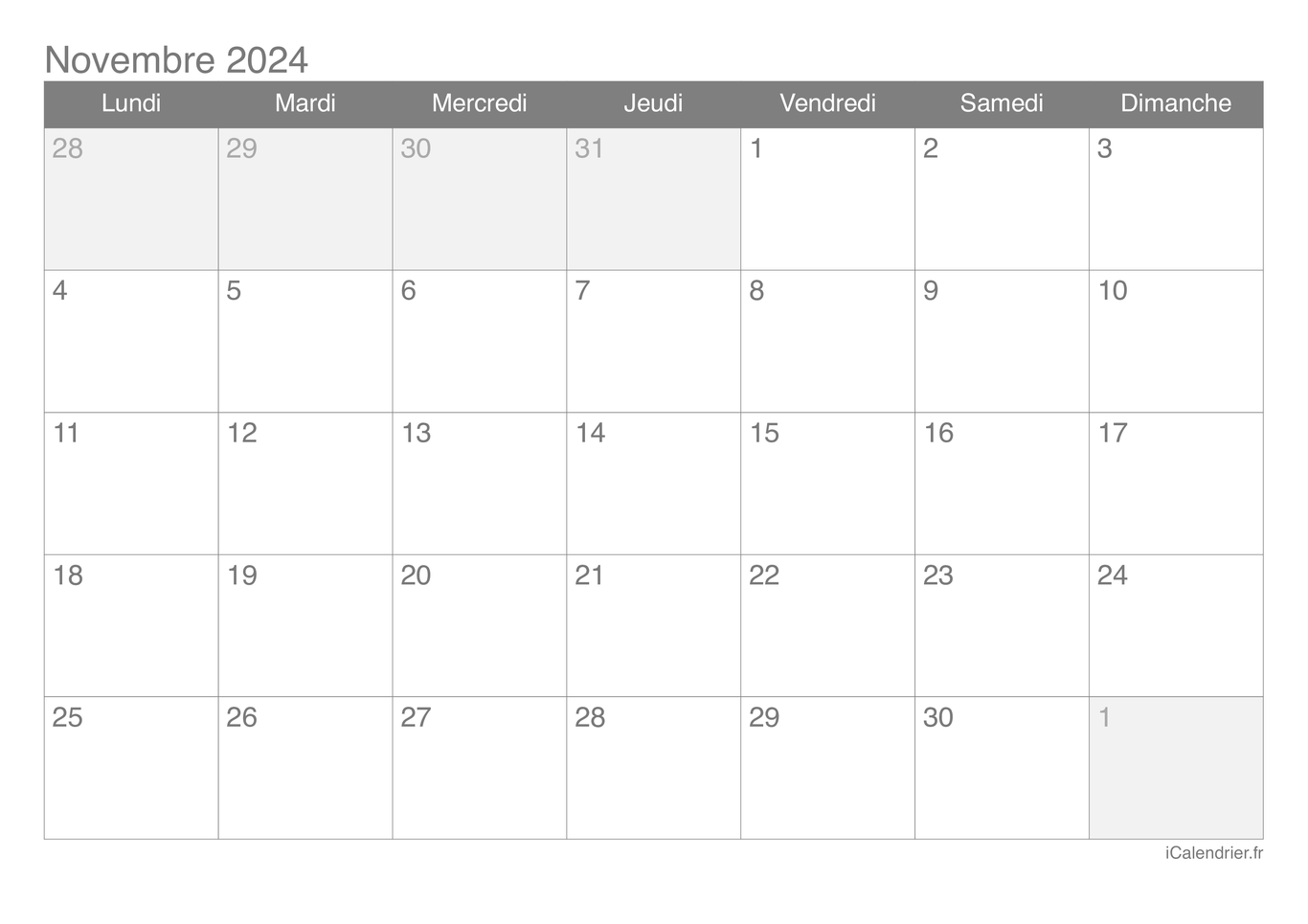 Calendrier de novembre 2024