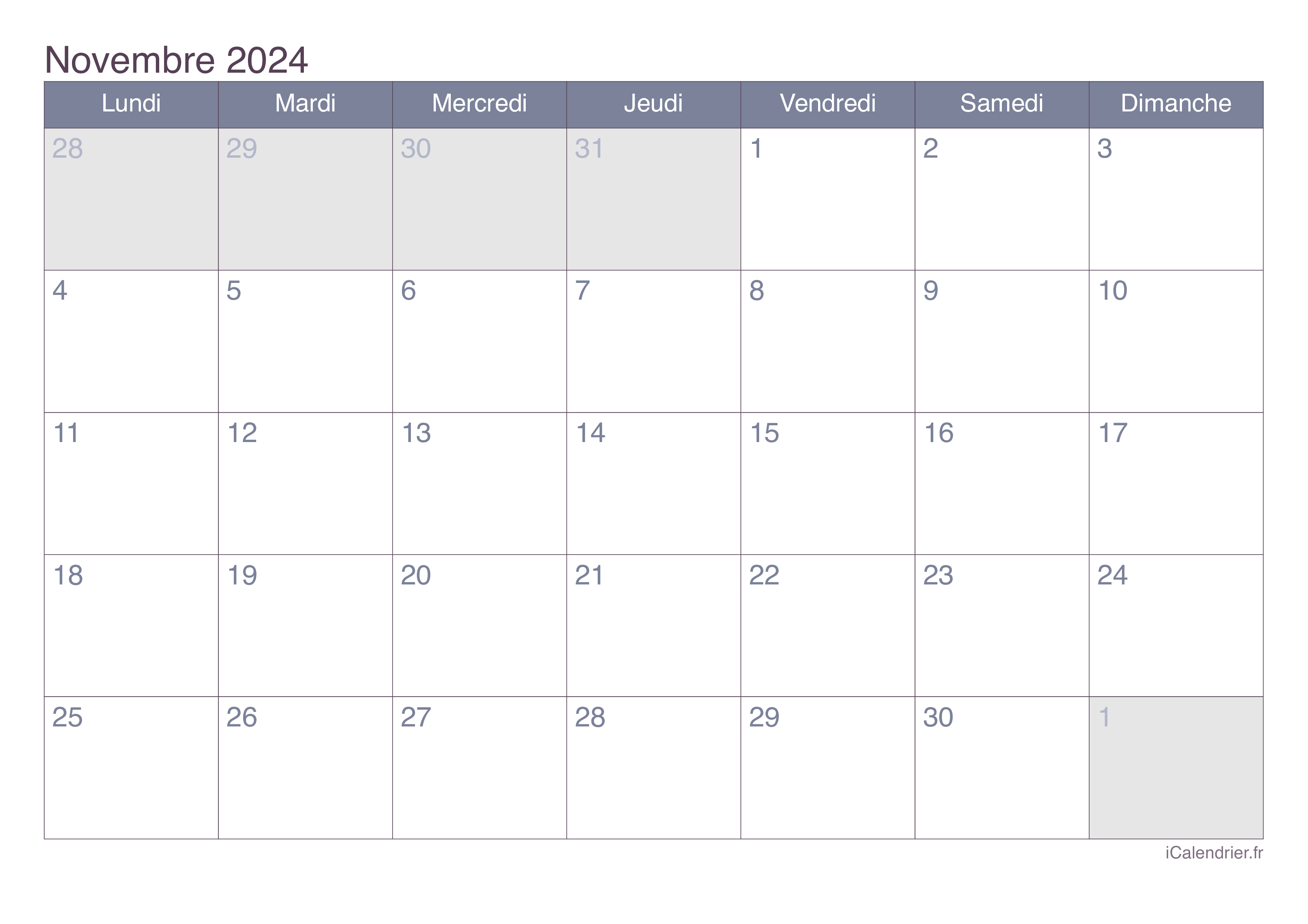 Calendrier novembre 2025 à imprimer