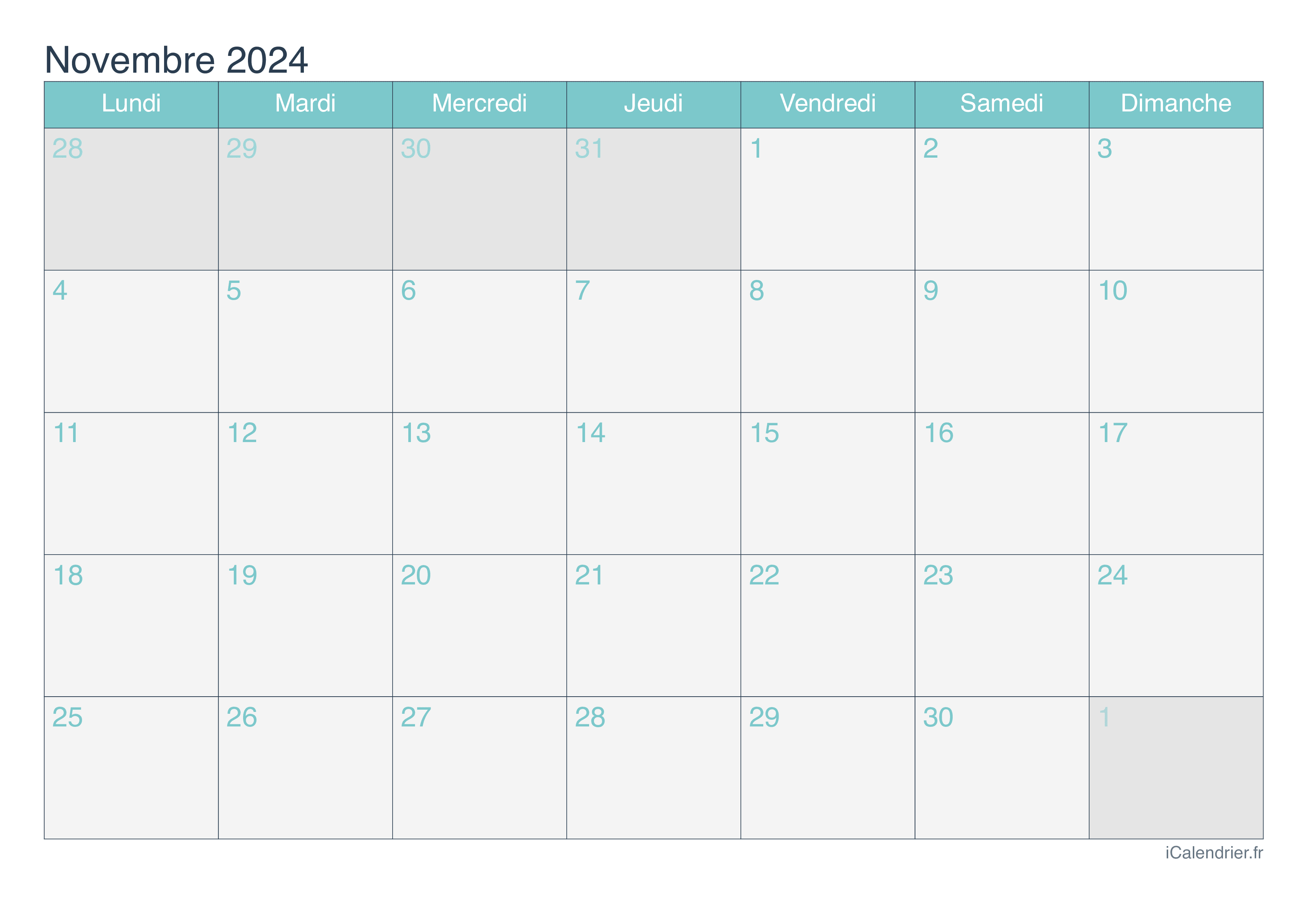 Calendrier novembre 2025 à imprimer