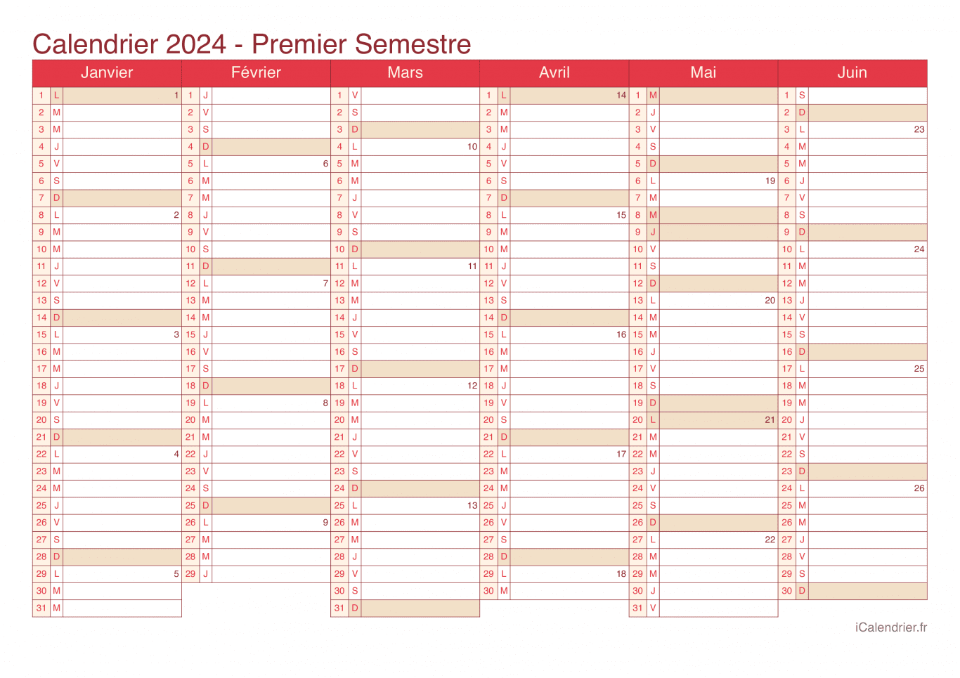 Calendrier par semestre avec numéros des semaines 2024 - Cherry