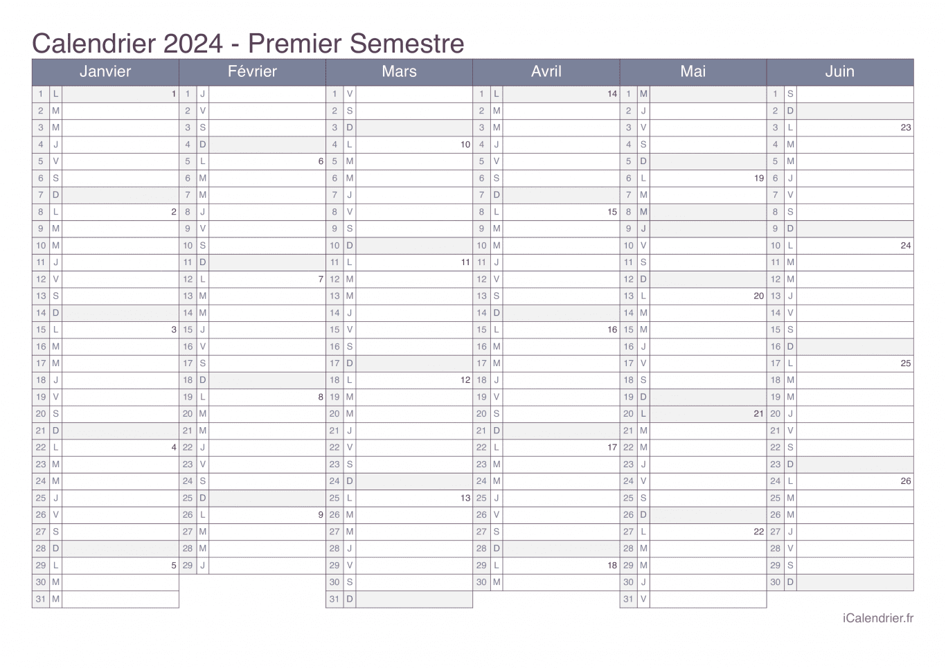 Calendrier par semestre avec numéros des semaines 2024 - Office