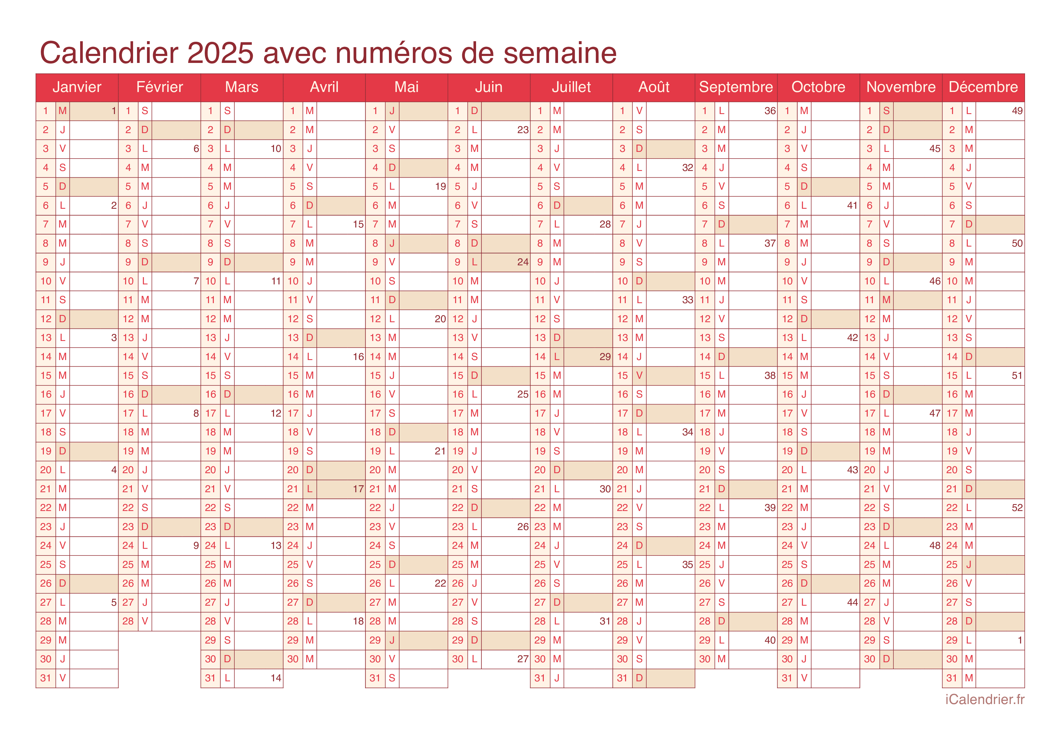 Calendrier 2025 avec numéros de semaine - Cherry