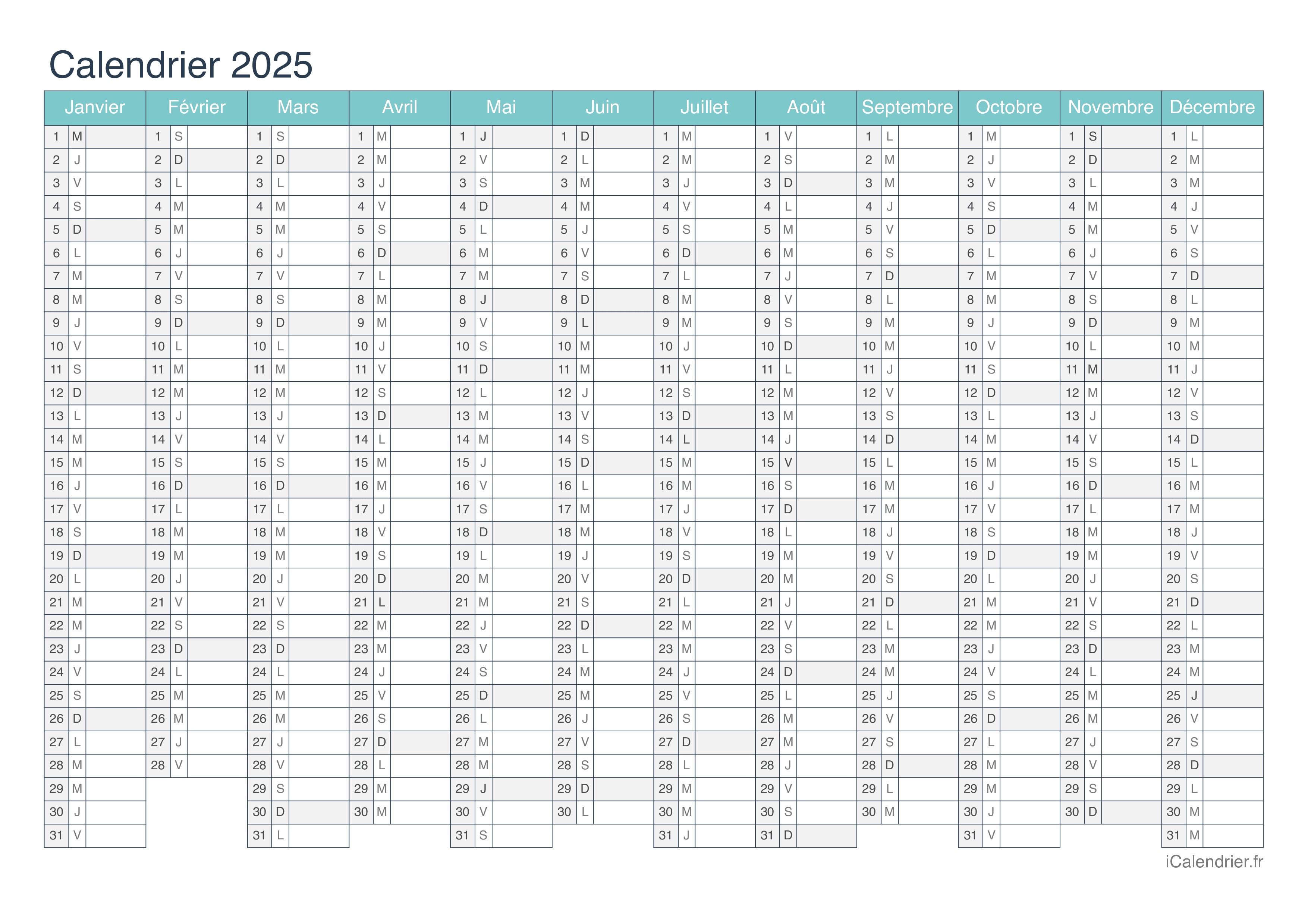 Calendrier 2025 à imprimer PDF et Excel